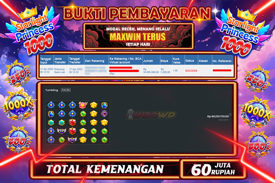 INDOWD JACKPOT SLOT STARLIGHT PRINCES 1000 Rp60.000.000,- LUNAS