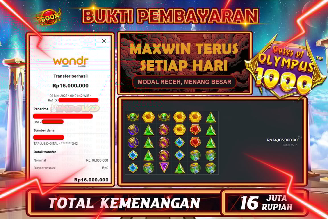 INDOWD JACKPOT SLOT GATES OF OLYMPUS 1000 Rp.16.000.000,- LUNAS