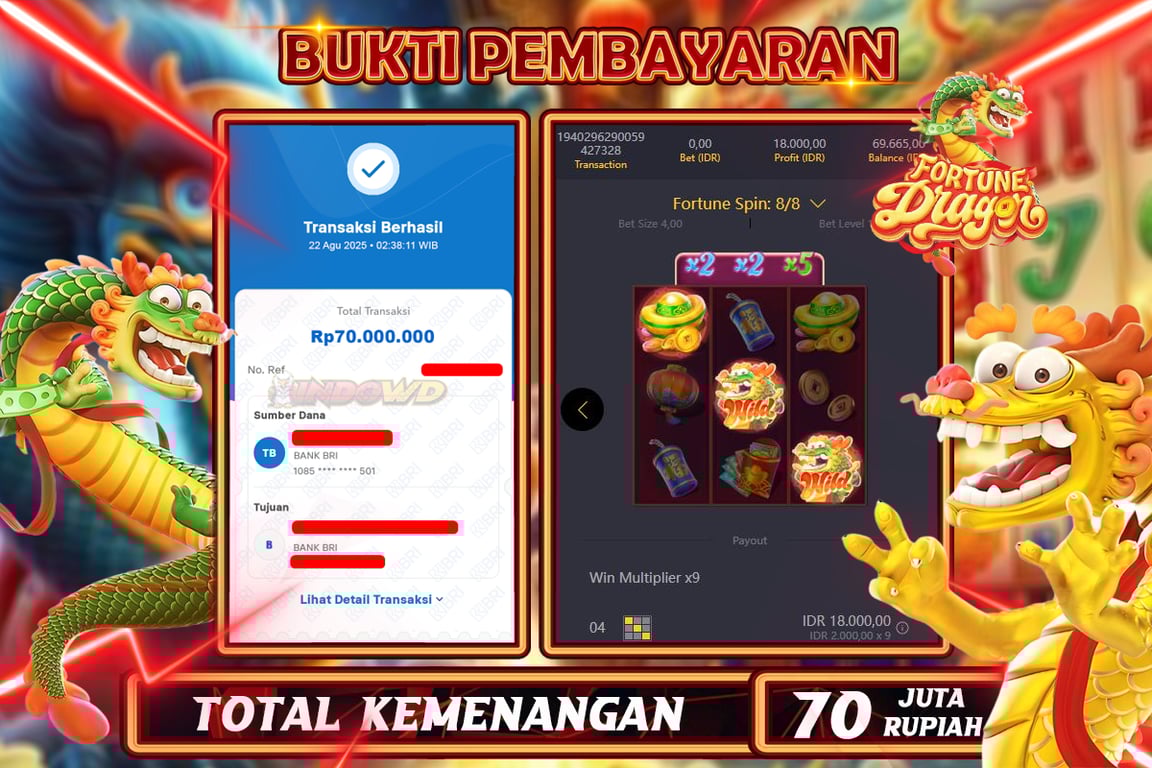 INDOWD JACKPOT SLOT FORTUNE DRAGON Rp70.000.000,- LUNAS