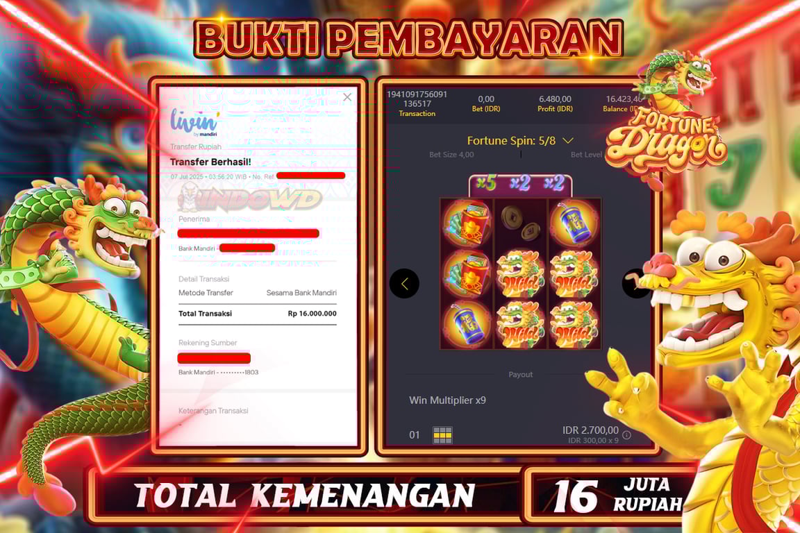 INDOWD JACKPOT SLOT FORTUNE DRAGON  Rp16.000.000,- LUNAS