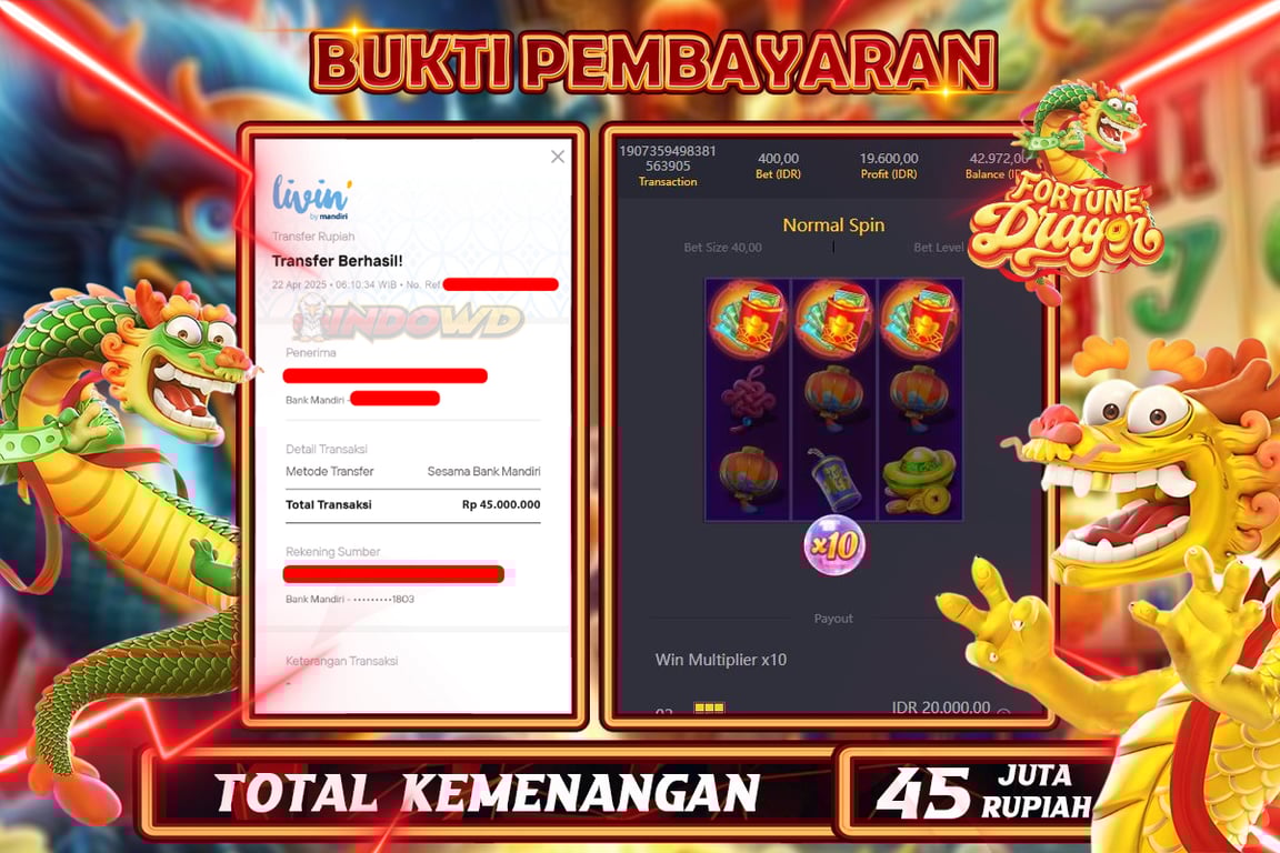 INDOWD JACKPOT SLOT DRAGON FORTUNE Rp45.000.000,- LUNAS