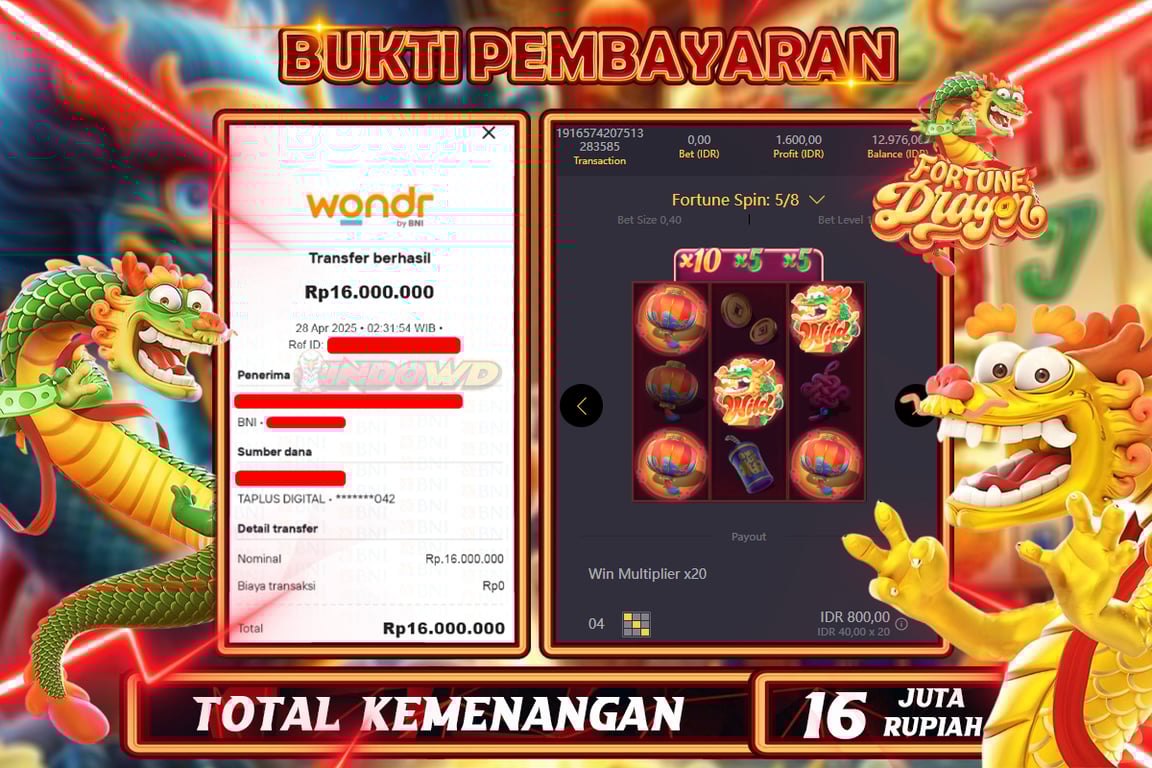 INDOWD JACKPOT SLOT FORTUME DRAGON Rp16.000.000,- LUNAS