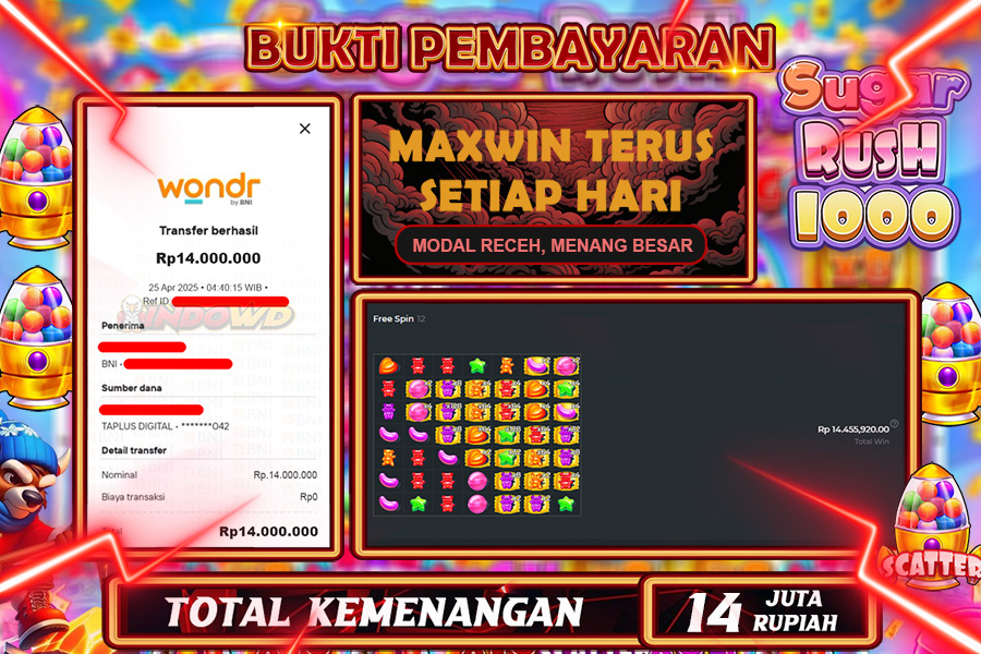INDOWD JACKPOT SLOT SUGAR RUSH 1000 Rp14.000.000,- LUNAS