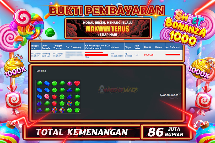 INDOWD JACKPOT SLOT SWEET BONANZA 1000 Rp86.000.000,- LUNAS