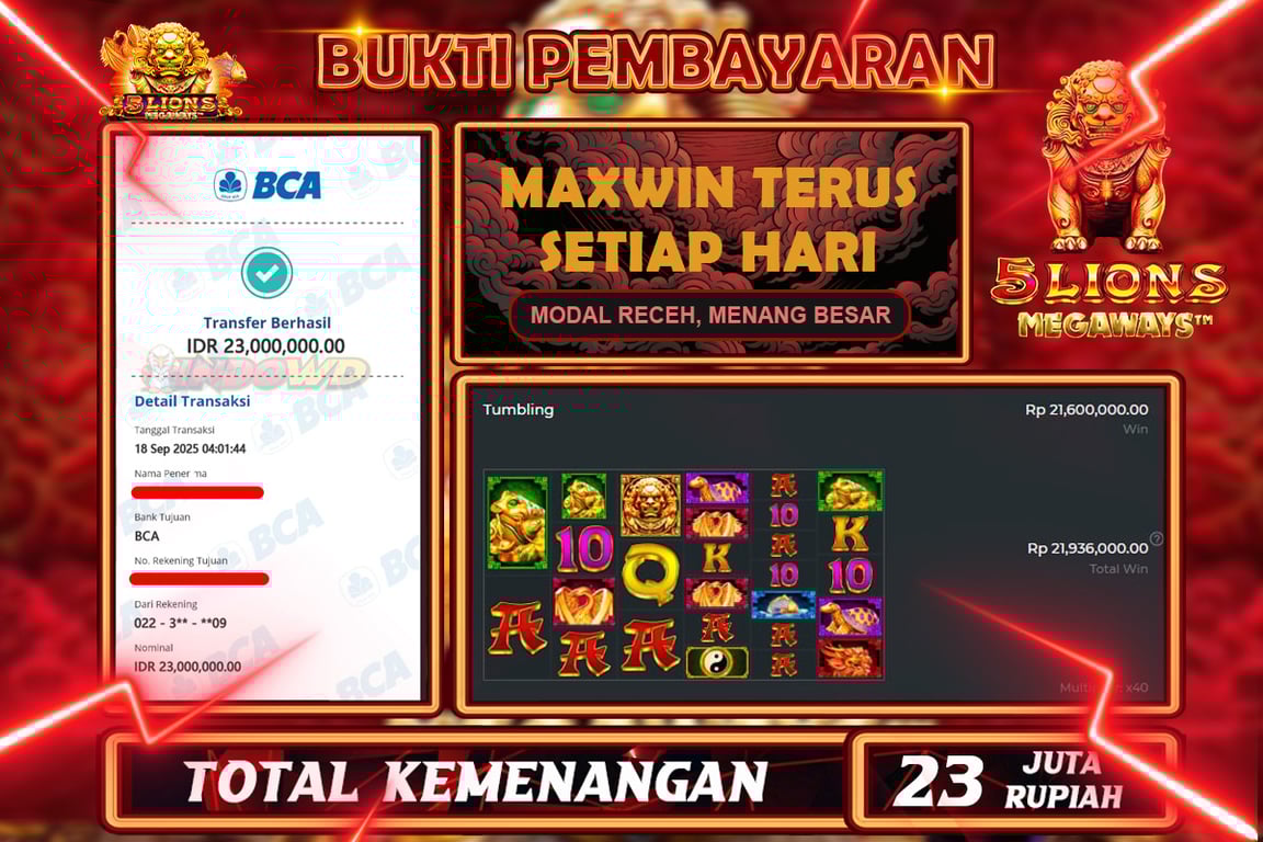 INDOWD JACKPOT SLOT 5 LIONS MEGAWAYS Rp23.000.000,- LUNAS