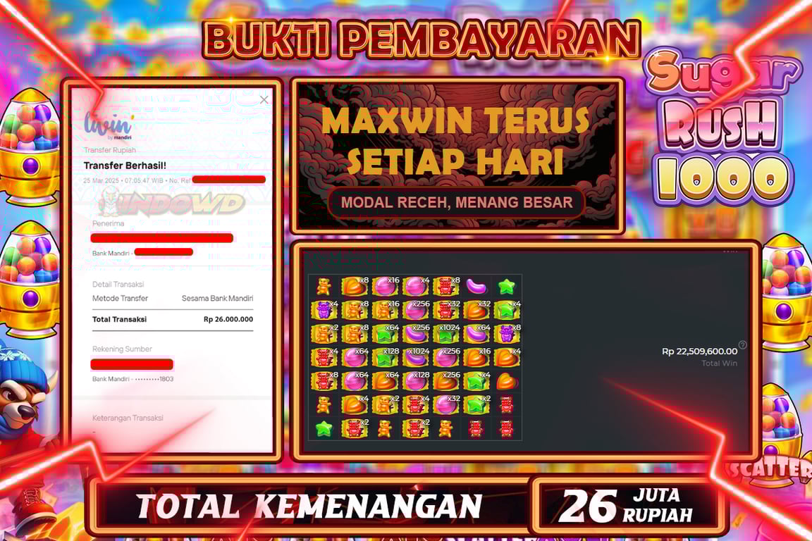 INDOWD JACKPOT SLOT SUGAR RUSH 1000 Rp.26.000.000,- LUNAS