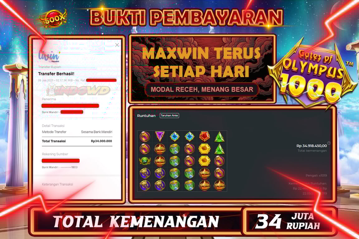 INDOWD JACKPOT SLOT GATES OF OLYMPUS 1000 Rp34.000.000,- LUNAS