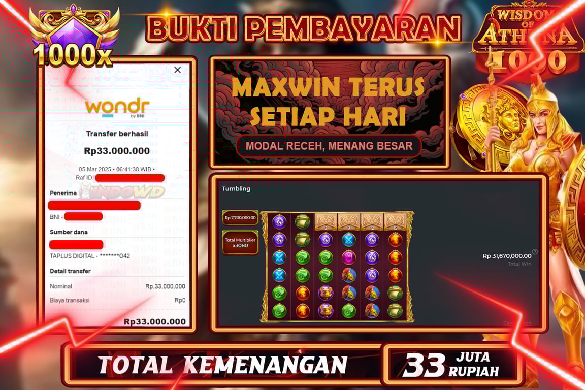 INDOWD JACKPOT SLOT WISDOM OF ATHENA 1000 Rp.33.000.000,- LUNAS