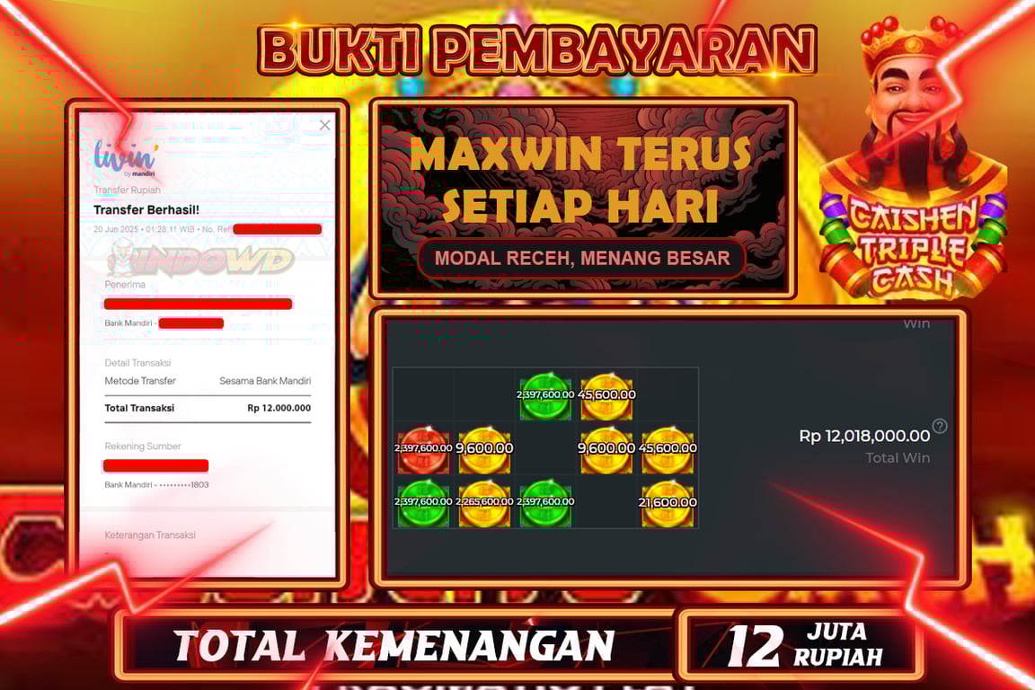 INDOWD JACKPOT SLOT CAISHEN TRIPLE CASH Rp12.000.000,- LUNAS