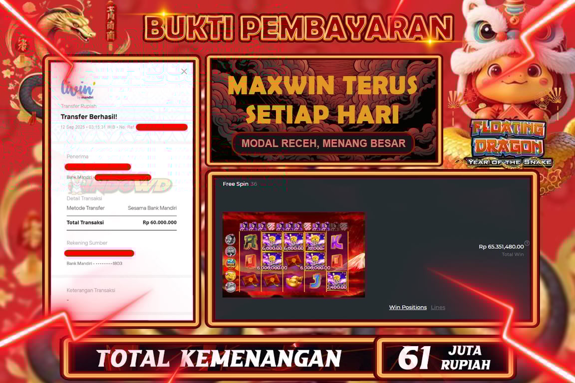 INDOWD JACKPOT SLOT FLOTING DRAGON Rp61.000.000,- LUNAS