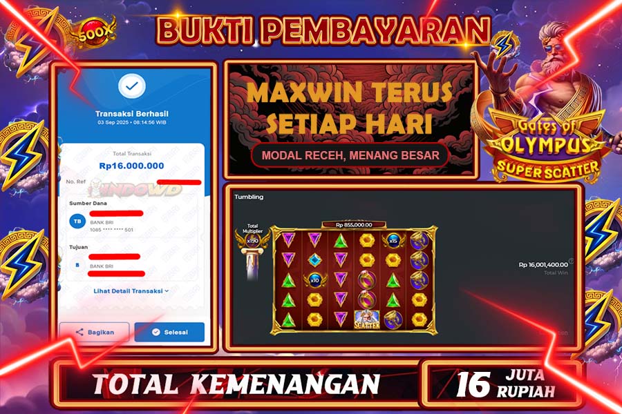 INDOWD JACKPOT SLOT GATE OF OLYMPUS SUPER SCATTER Rp16.000.000,- LUNAS