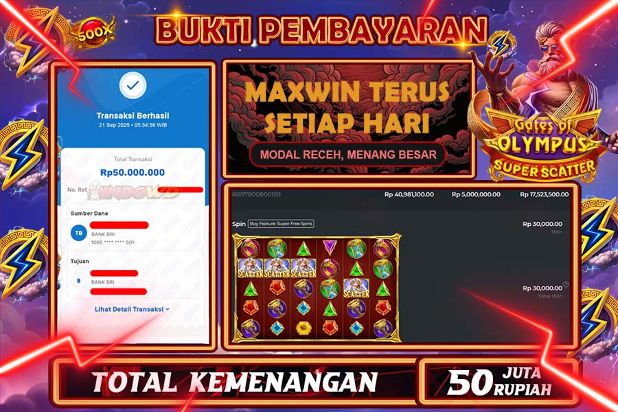 INDOWD JACKPOT SLOT GATE OF OLYMPUS SUPER SCATTER Rp50.000.000,- LUNAS