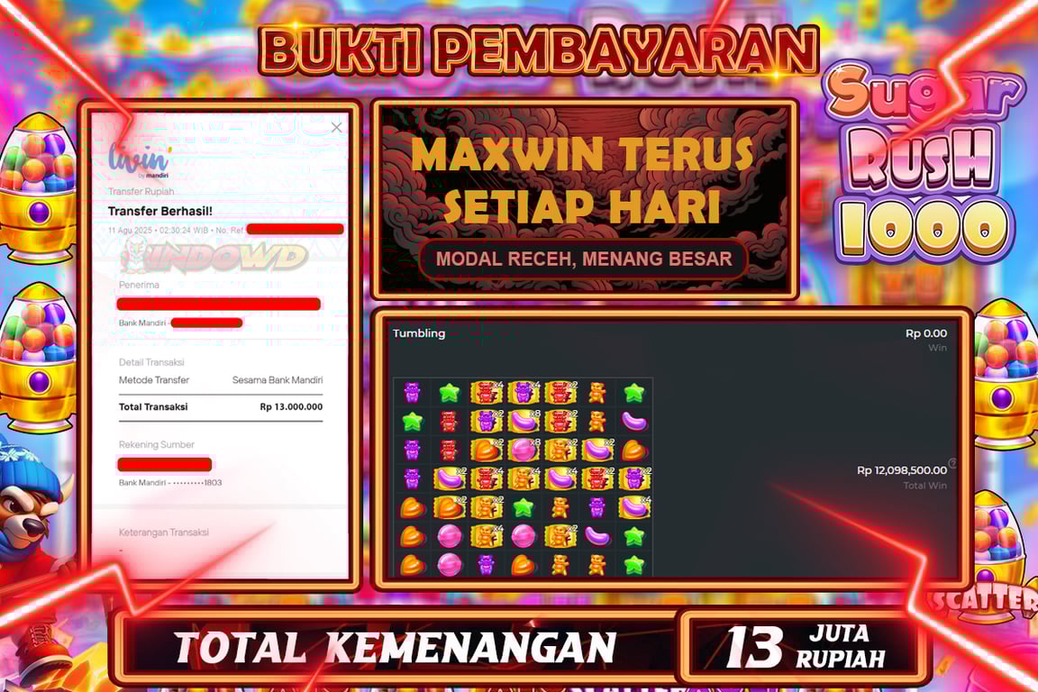 INDOWD JACKPOT SLOT SUGAR RUSH 1000 Rp13.000.000,- LUNAS