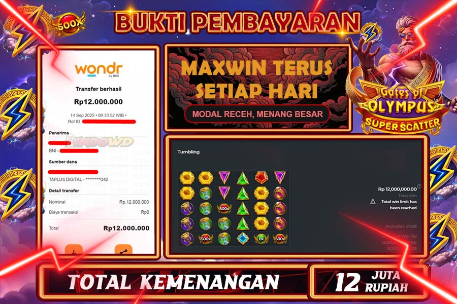 INDOWD JACKPOT SLOT GATE OF OLYMPUS SUPER SCATTER Rp12.000.000,- LUNAS
