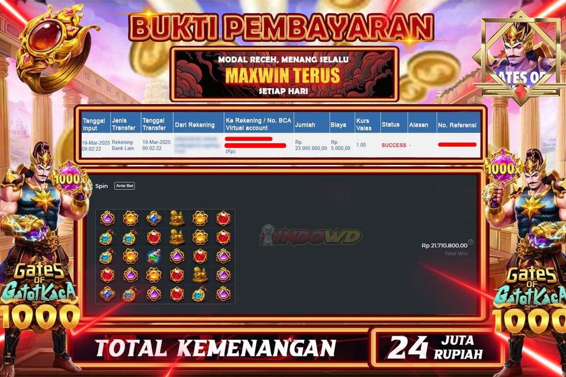 INDOWD JACKPOT SLOT GATE OF GATOTKACA 1000 Rp.24.000.000,- LUNAS