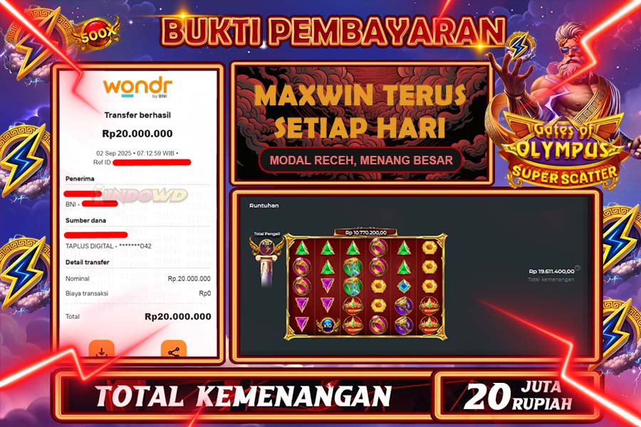 INDOWD JACKPOT SLOT GATE OF OLYMPUS SUPER SCATTER Rp20.000.000,- LUNAS