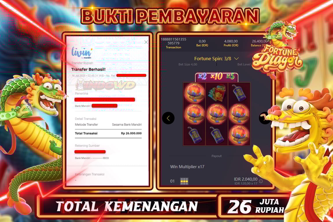 INDOWD JACKPOT SLOT FORTUNE DRAGON  Rp26.000.000,- LUNAS