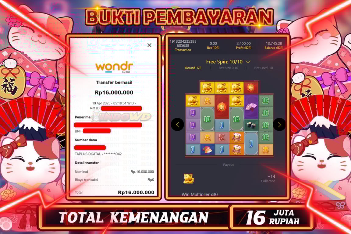 INDOWD JACKPOT SLOT LUCKY NEKO Rp16.000.000,- LUNAS