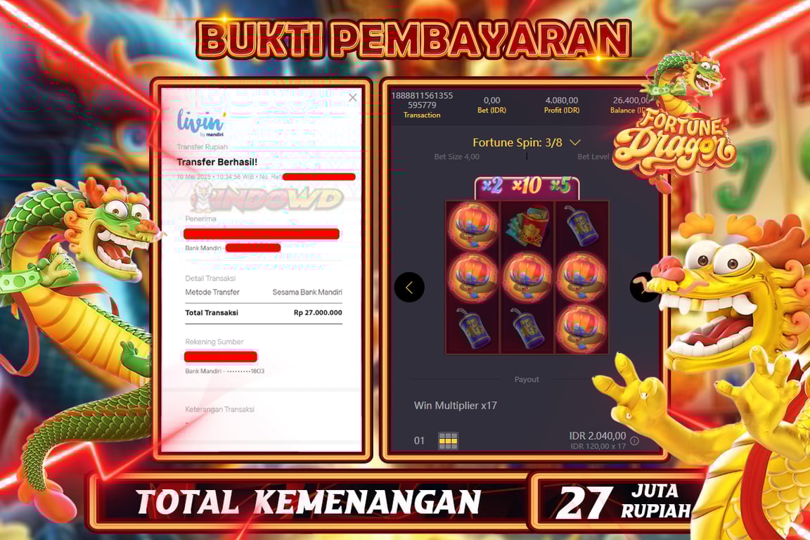 INDOWD JACKPOT SLOT FORTUNE DRAGON Rp27.000.000,- LUNAS