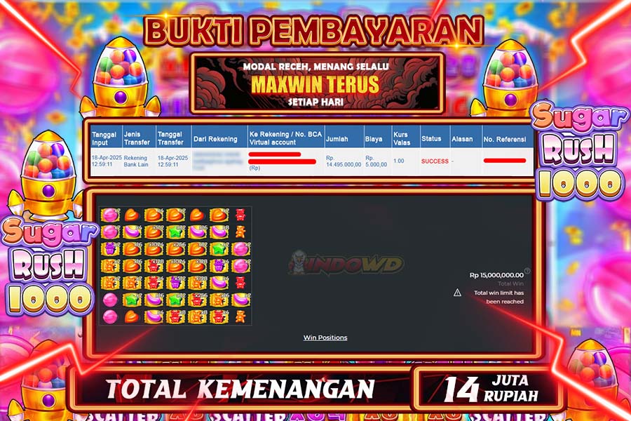 INDOWD JACKPOT SLOT SUGAR RUSH 1000 Rp14.500.000,- LUNAS