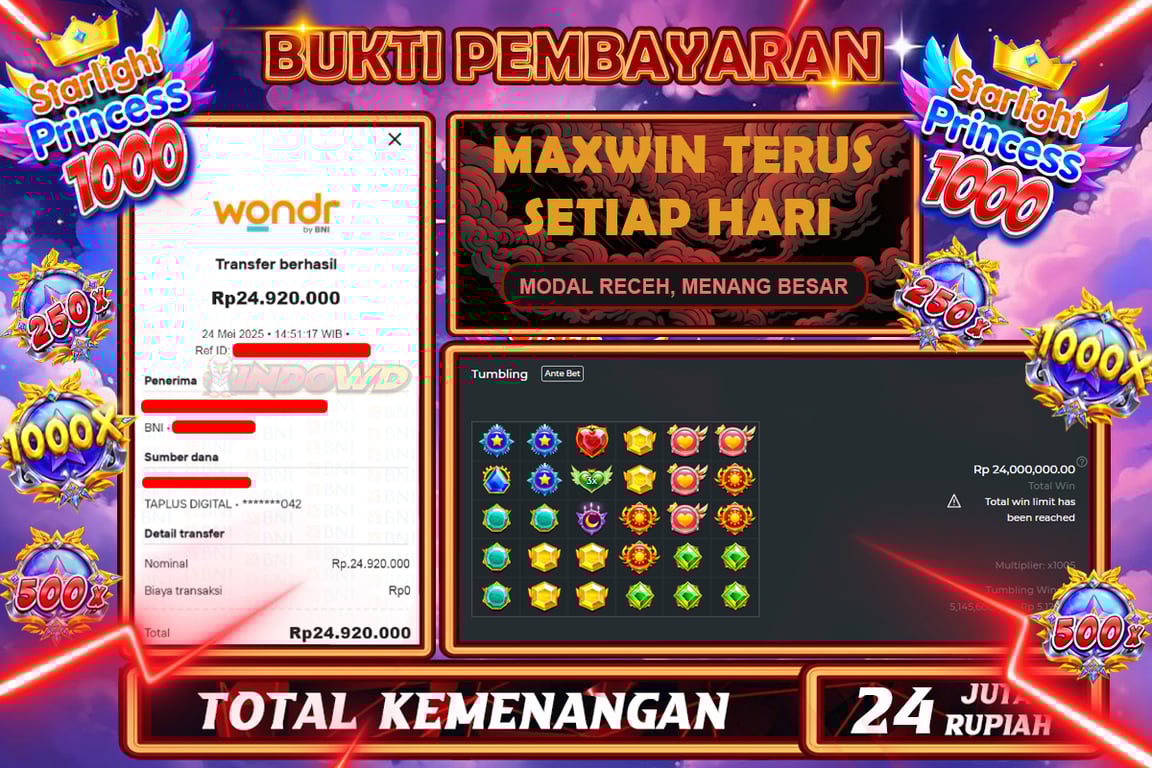 INDOWD JACKPOT SLOT STARLIGHT PRINCESS 1000 Rp24.920.000,- LUNAS