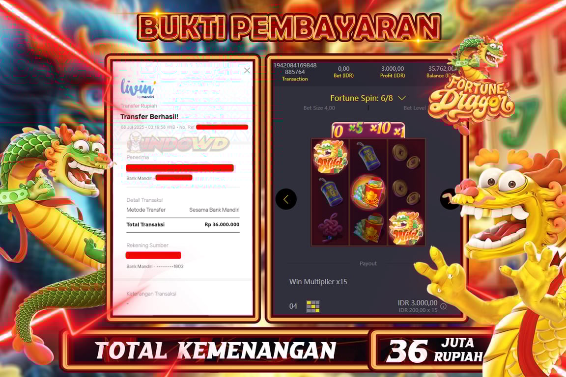 INDOWD JACKPOT SLOT FORTUNE DRAGON Rp36.000.000,- LUNAS