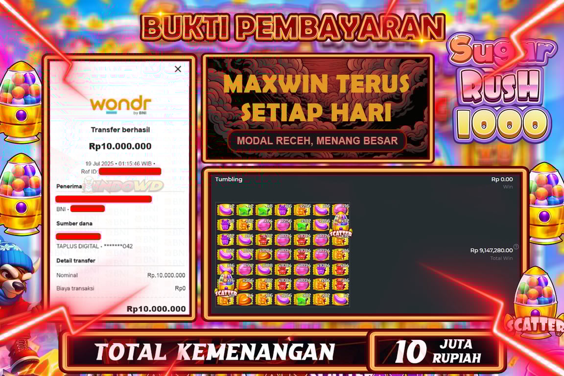 INDOWD JACKPOT SLOT SUGAR RUSH 1000 Rp10.000.000,- LUNAS