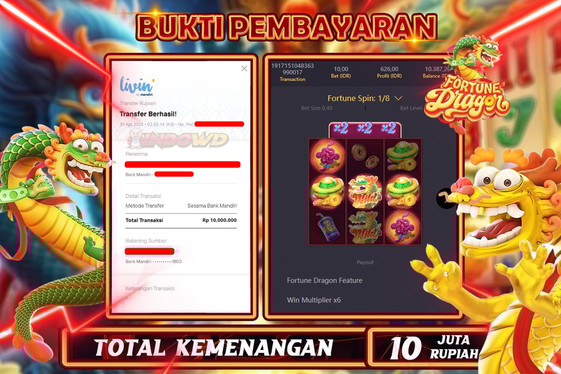 INDOWD JACKPOT SLOT FORTUNE DRAGON 2Rp10.000.000,- LUNAS