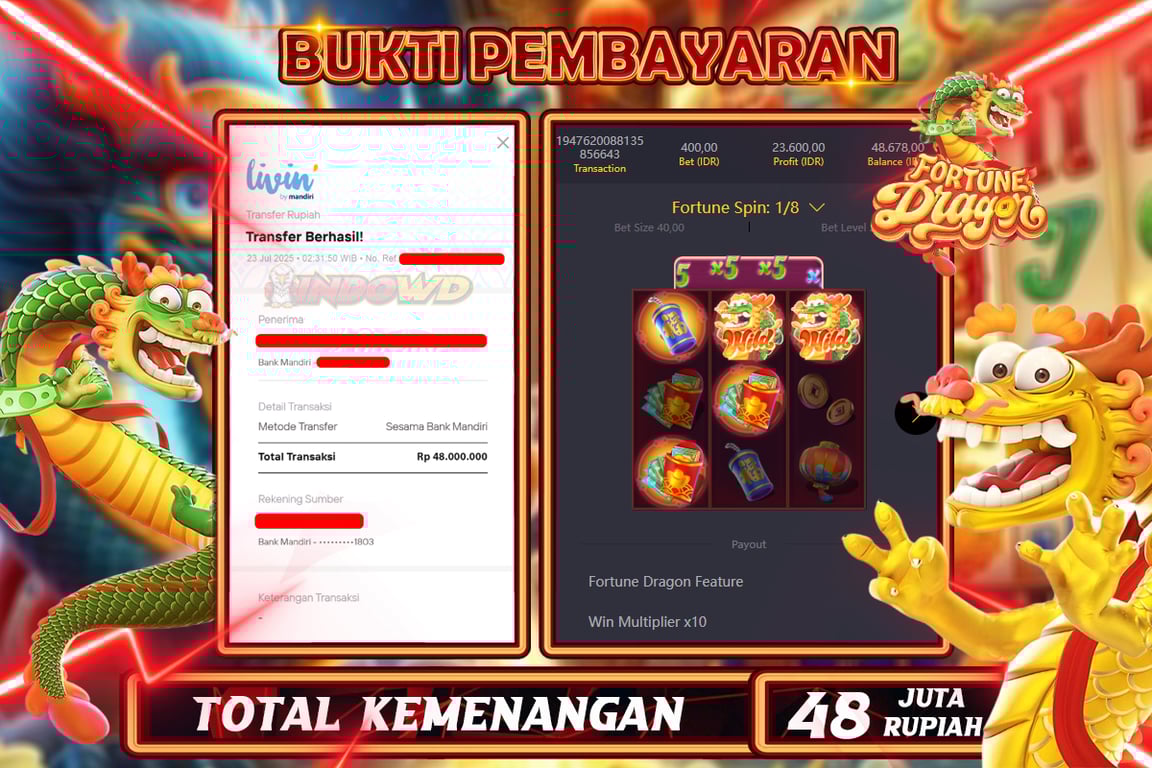 INDOWD JACKPOT SLOT FORTUNE DRAGON Rp48.000.000,- LUNAS