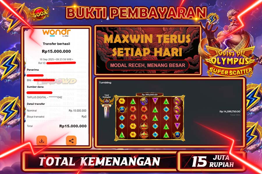 INDOWD JACKPOT SLOT GATE OF OLYMPUS SUPER SCATTER Rp15.000.000,- LUNAS