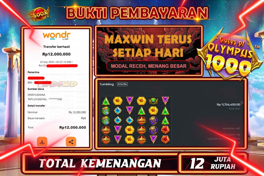 INDOWD JACKPOT SLOT GATE OF OLYMPUS 1000 Rp12.000.000,- LUNAS