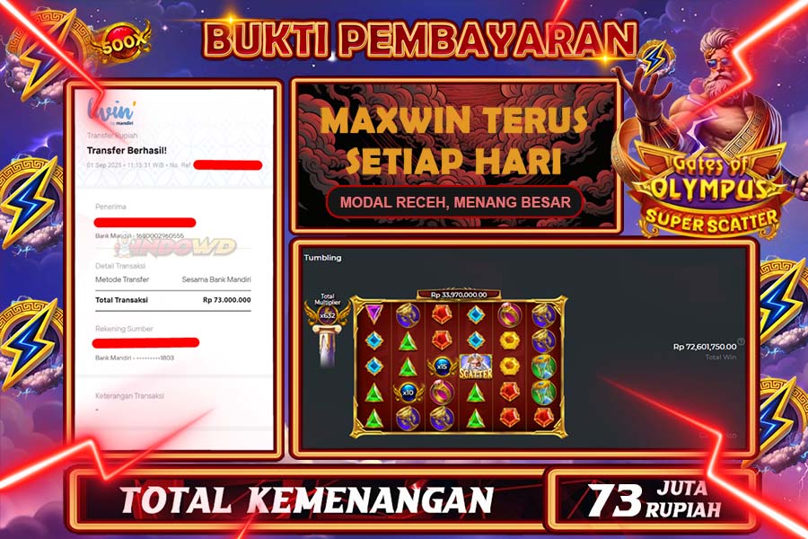 INDOWD JACKPOT SLOT GATE OF OLYMPUS SUPER SCATTER Rp73.000.000,- LUNAS