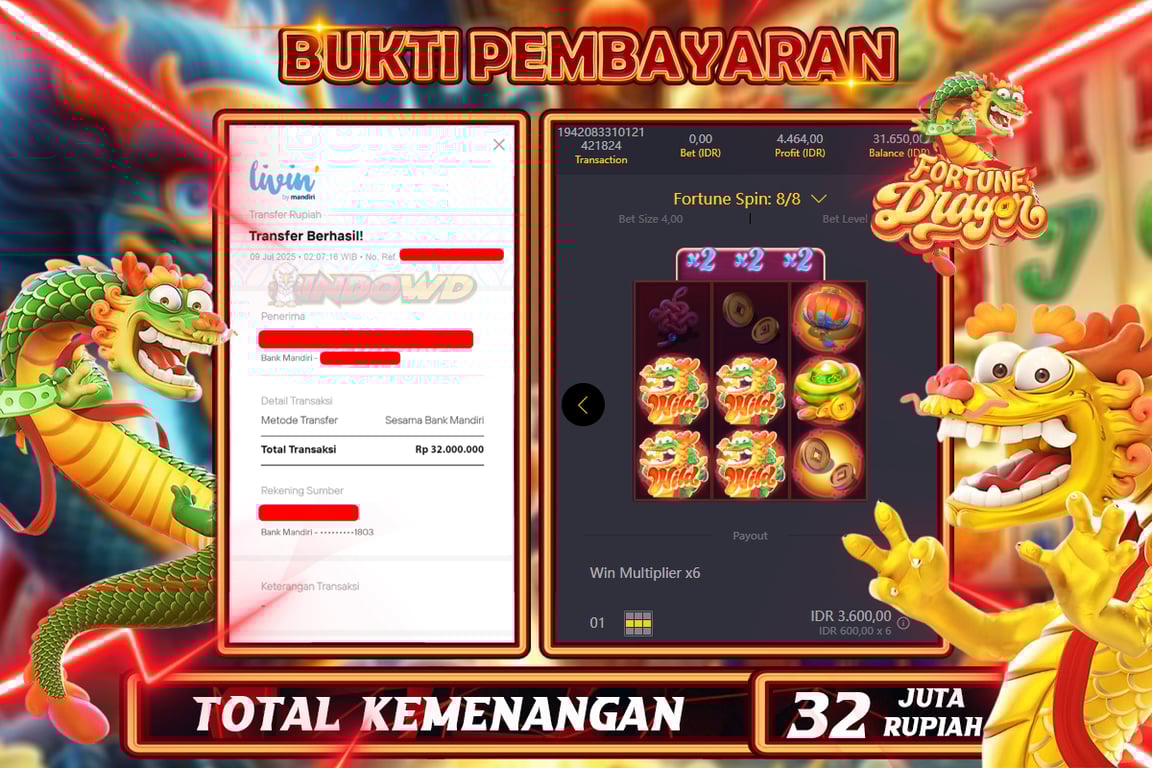 INDOWD JACKPOT SLOT FORTUNE DRAGON Rp32.000.000,- LUNAS