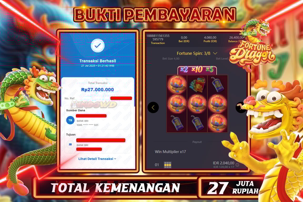 INDOWD JACKPOT SLOT FORTUNE DRAGON Rp27.000.000,- LUNAS