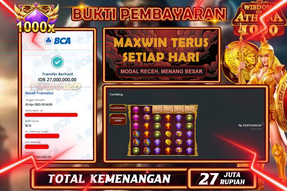 INDOWD JACKPOT SLOT WISDOM OF ATHENA 1000 Rp27.000.000,- LUNAS