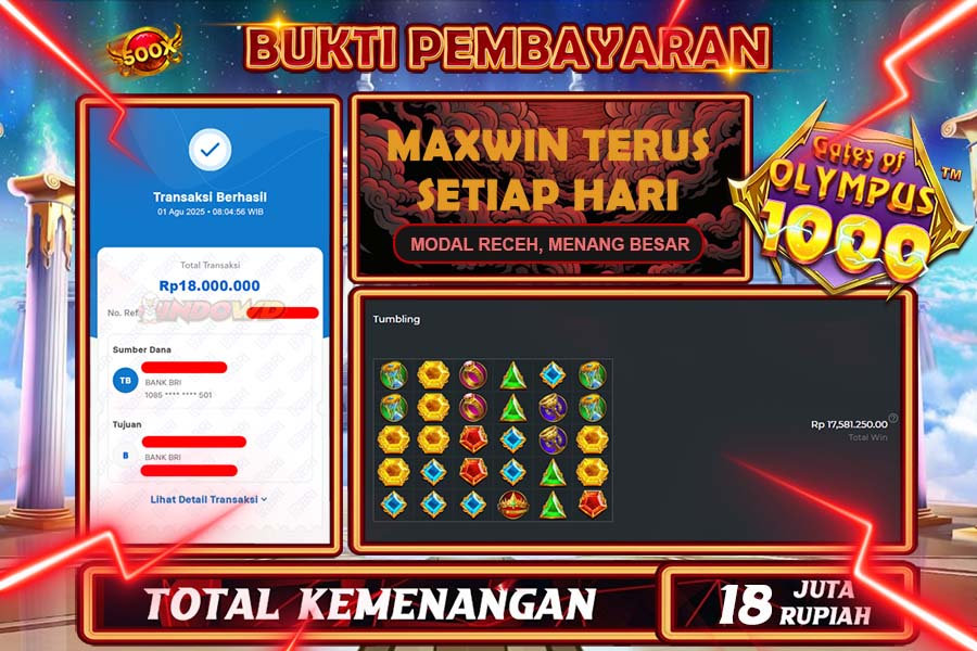 INDOWD JACKPOT SLOT GATES OF OLYMPUS 1000 Rp18.000.000,- LUNAS