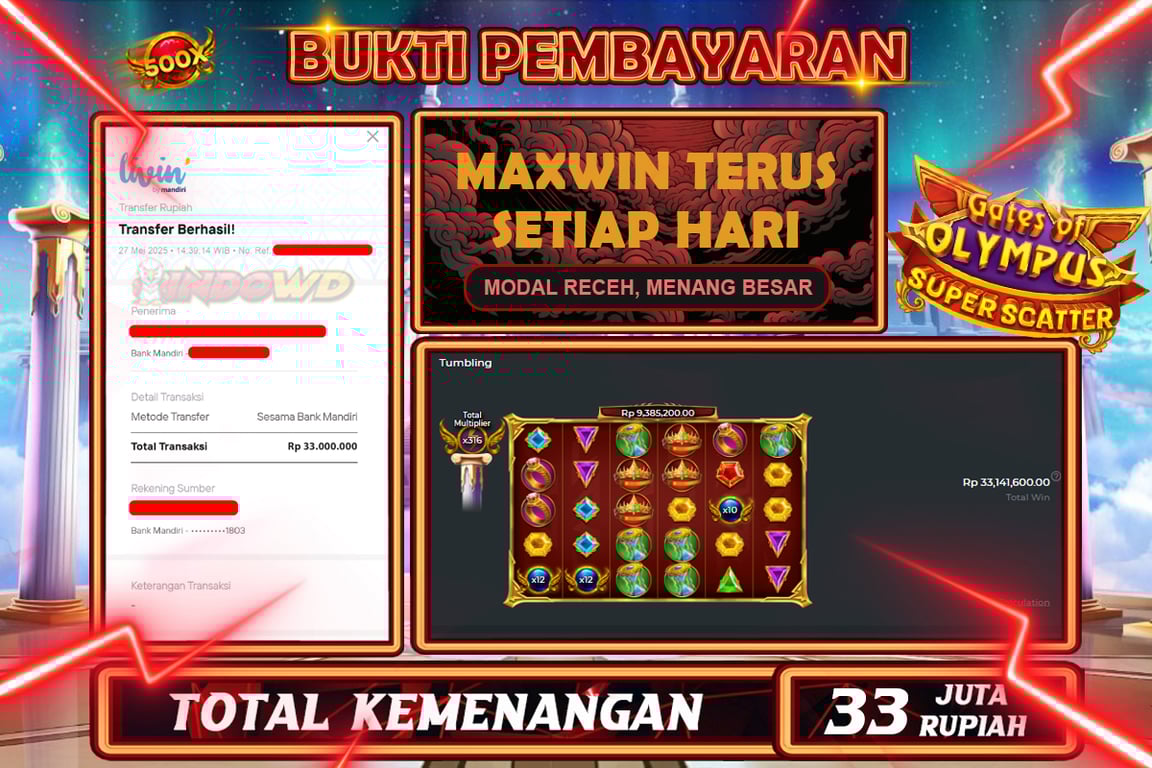 INDOWD JACKPOT SLOT GATES OF OLYMPUS SUPER SCATTER Rp33.000.000,- LUNAS