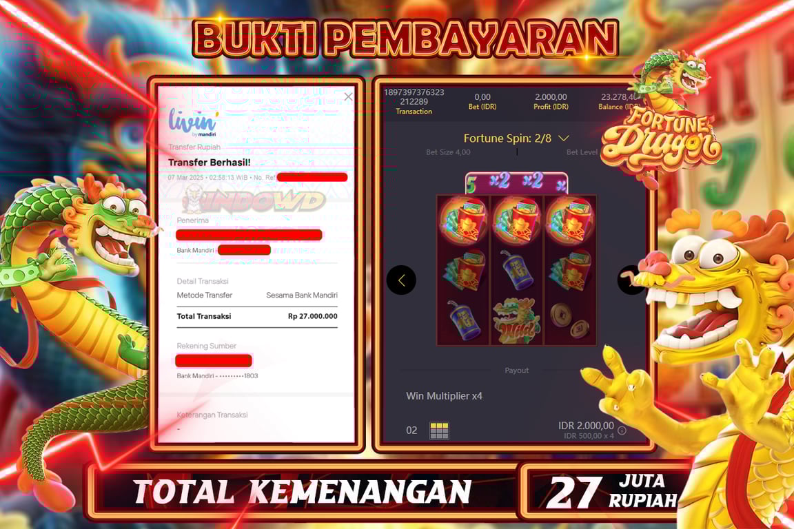 INDOWD JACKPOT SLOT FORTUNE DRAGON Rp27.000.000,- LUNAS