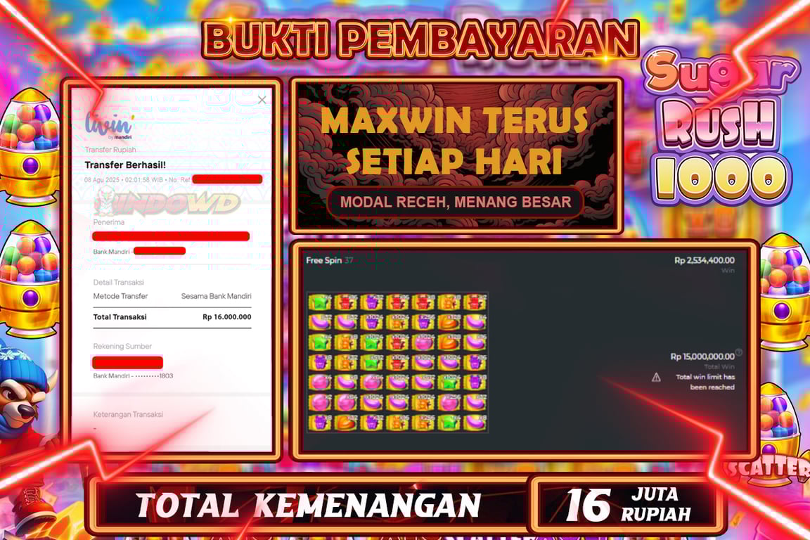 INDOWD JACKPOT SLOT SUGAR RUSH 1000 Rp16.000.000,- LUNAS