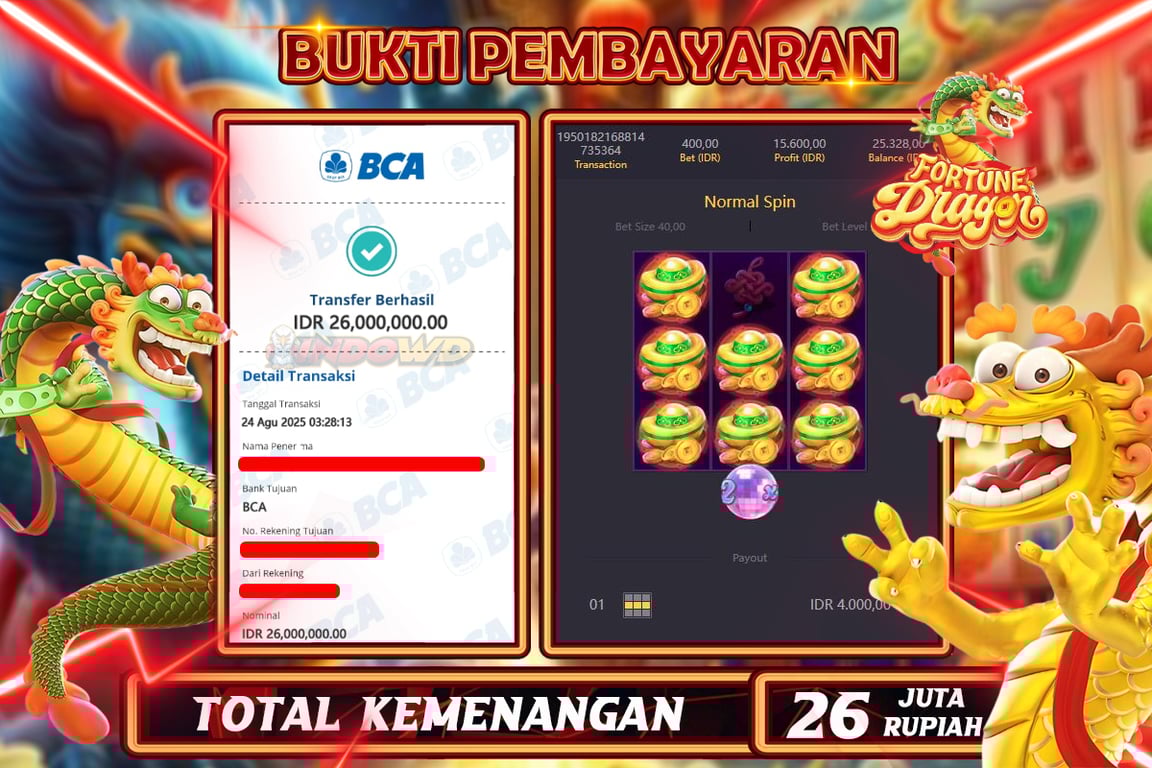 INDOWD JACKPOT SLOT FORTUNE DRAGON Rp26.000.000,- LUNAS