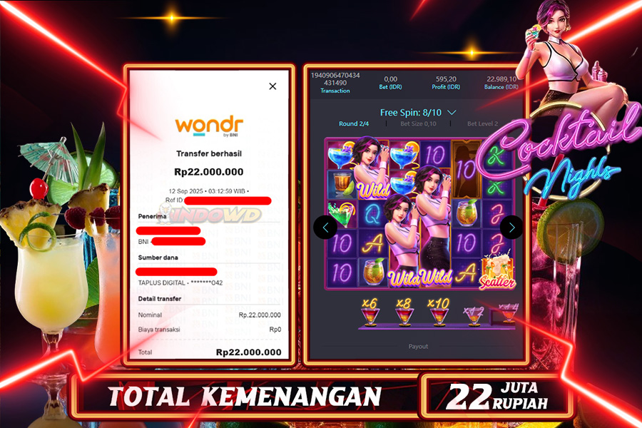 INDOWD JACKPOT SLOT COCKTAIL NIGHT Rp22.000.000,- LUNAS