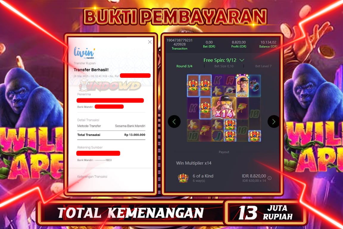 INDOWD JACKPOT SLOT WILD APE Rp.13.000.000,- LUNAS