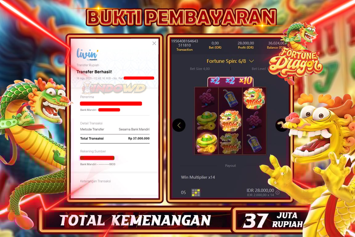 INDOWD JACKPOT SLOT FORTUNE DRAGON Rp37.000.000,- LUNAS