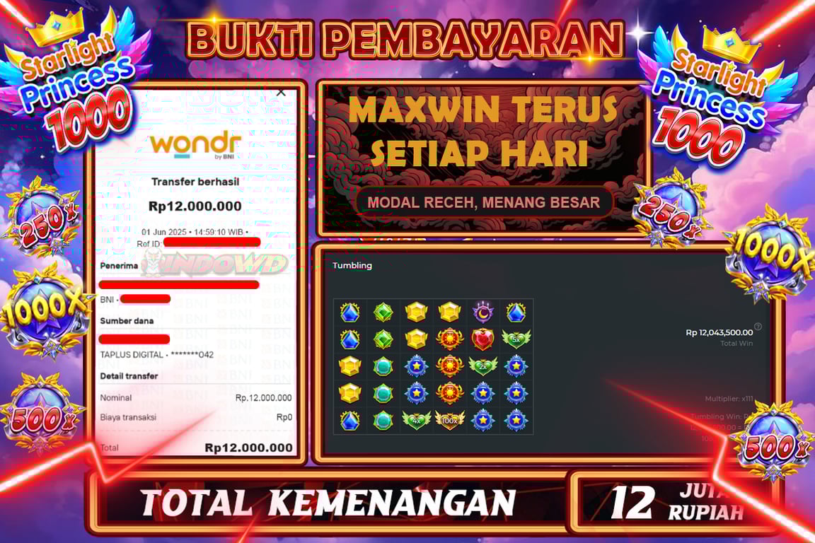 INDOWD JACKPOT SLOT STARLIGHT PRINCESS 1000 Rp12.000.000,- LUNAS