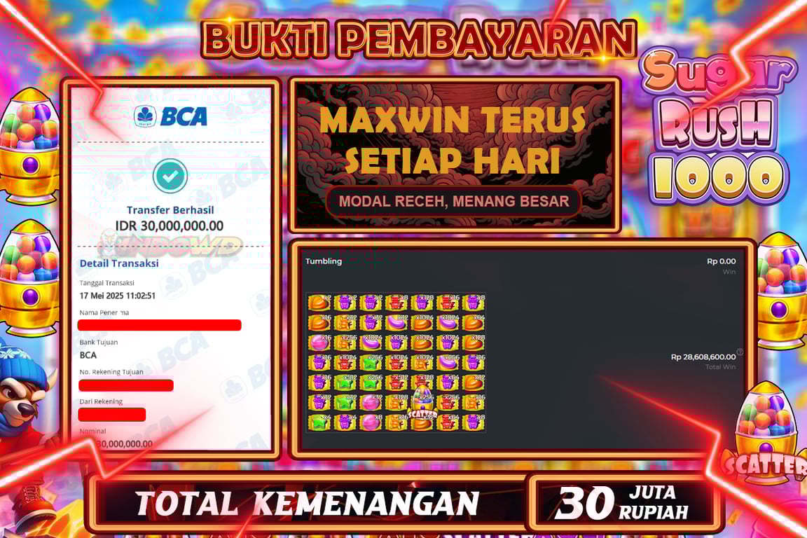 INDOWD JACKPOT SLOT SUGAR RUSH 1000 Rp30.000.000,- LUNAS