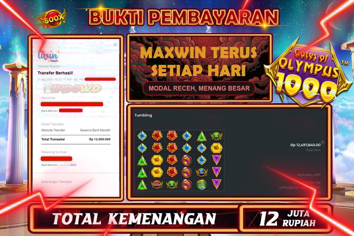 INDOWD JACKPOT SLOT GATES OF OLYMPUS 1000 Rp12.000.000,- LUNAS