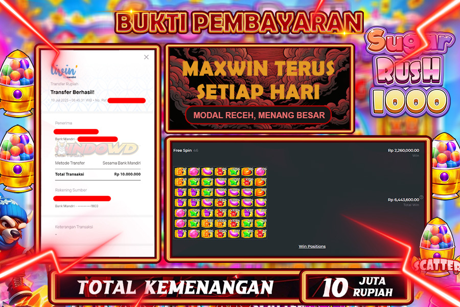 INDOWD JACKPOT SLOT SUGAR RUSH 1000 Rp10.000.000,- LUNAS