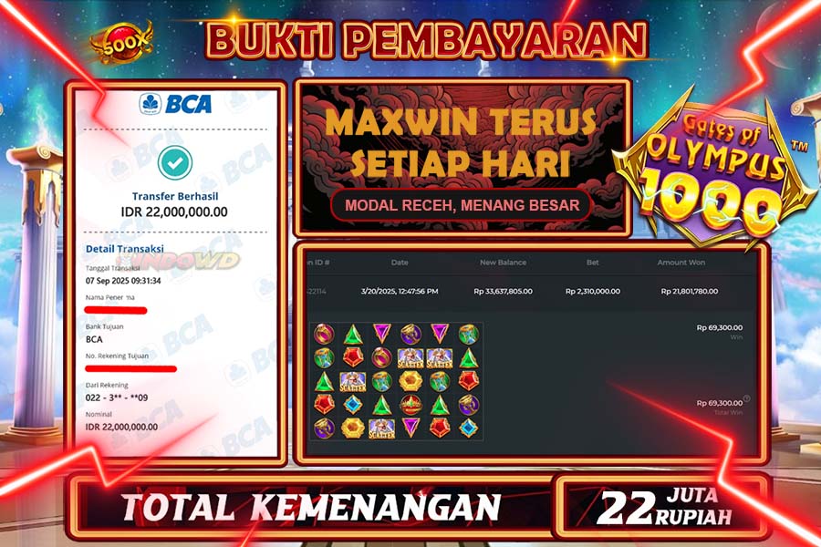 INDOWD JACKPOT SLOT GATE OF OLYMPUS 1000 Rp22.000.000,- LUNAS