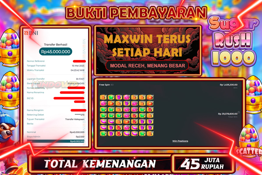 INDOWD JACKPOT SLOT SUGAR RUSH 1000 Rp45.000.000,- LUNAS