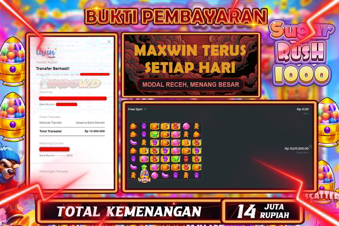 INDOWD JACKPOT SLOT SUGAR RUSH 1000 Rp14.000.000,- LUNAS